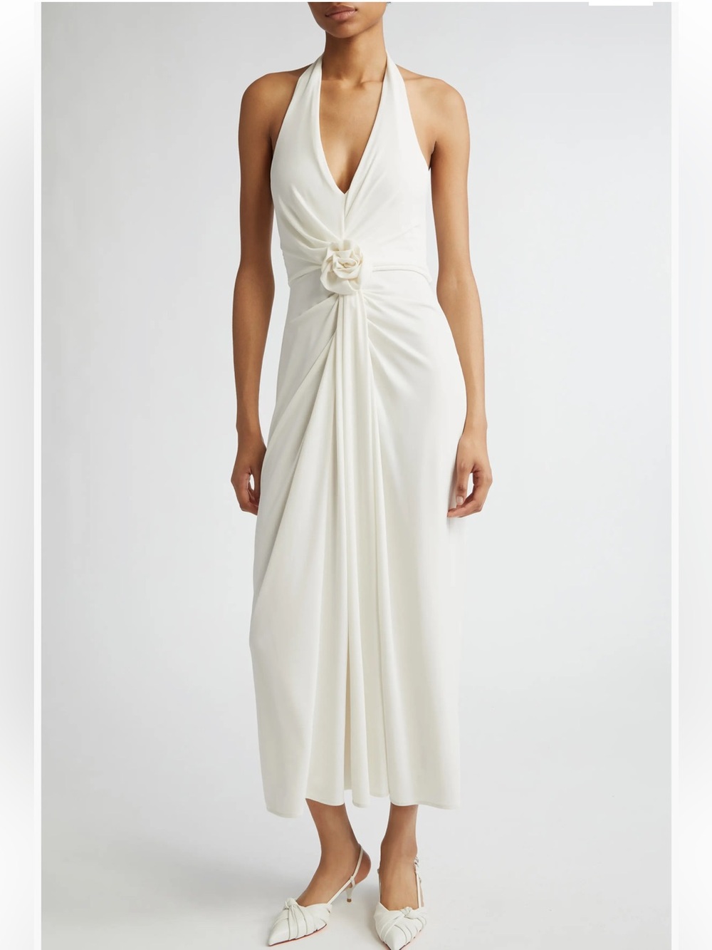 cinq a sept Ivory Halter Midi Dress with Rosette